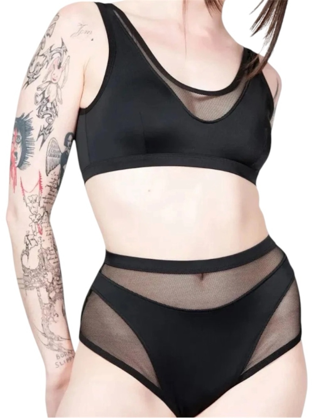 Killstar Black Mesh-Panel High-Waist Bikini Set in “Catching Rays”